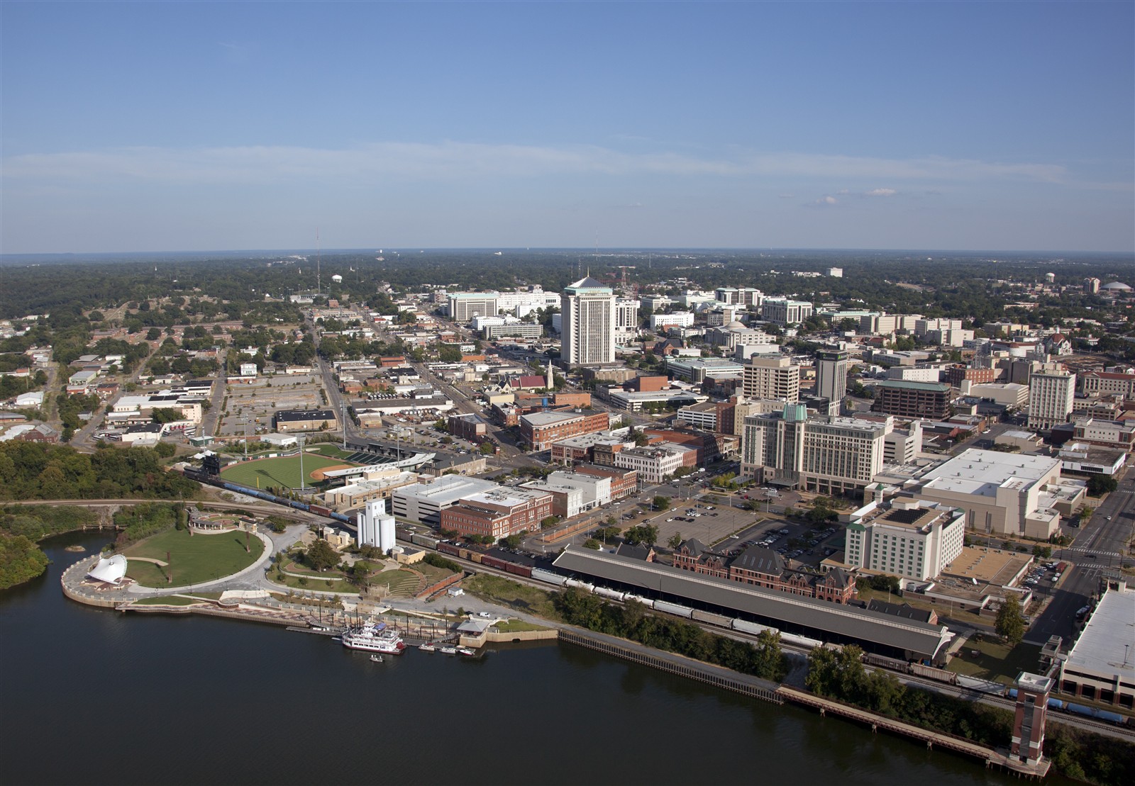 Aerial view of downtown Montgomery and the Alabama River waterfront